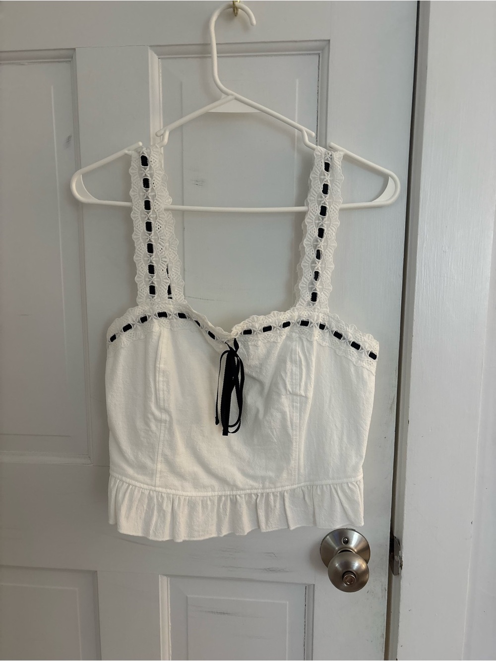iris White Lace-Trim Camisole with Black Ribbon Accents